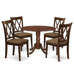 East West Furniture DLCL5-MAH-C 5 Piece Modern Dining Table Set Includes a Round Wooden Table with Dropleaf and 4 Linen Fabric Dining Room Chairs, 42x42 Inch, Mahogany