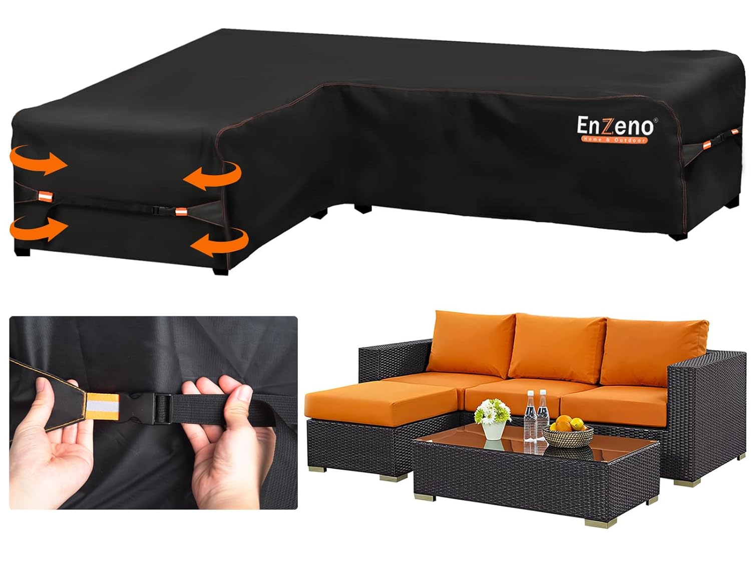 Enzeno Garden L-Shape Furniture Cover Waterproof, 420D Heavy Duty Oxford Fabric Outdoor Rattan Corner Sofa Cover with Waterproof Tape (222 * 286 * 87cm)