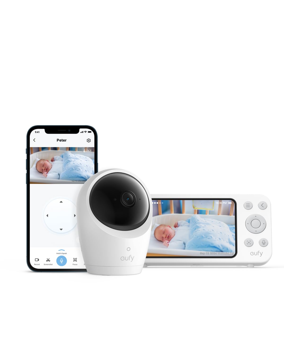 eufy Baby Monitor E20 with 2K Camera, Hybrid Wi-Fi and No Wi-Fi Connection, App and Monitor Control, Ultra-Clear Night View, Pan-Tilt, 4× Zoom, Portable Camera with Built-In...