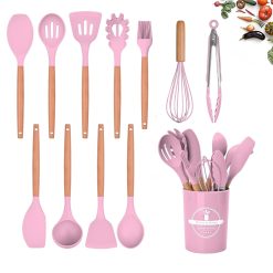FIOUSY Kitchen Utensil Set, 12 PCS Silicone Cooking Utensils Set with Wooden Handle, Heat Resistant, Nonstick Cookware Tongs Spatula Spoon Set, Dishwasher Safe, Best Kitchen...