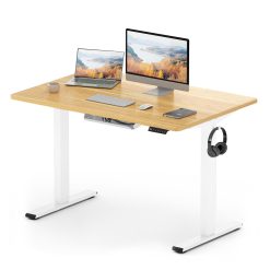 FLEXISPOT ONE PIECE Electric Standing Desk Height Adjustable Standing Desk Sit Stand Desk Adjustable Desk Stand Up Desk for Home Office (120 * 60cm White Frame+ Maple Desktop)