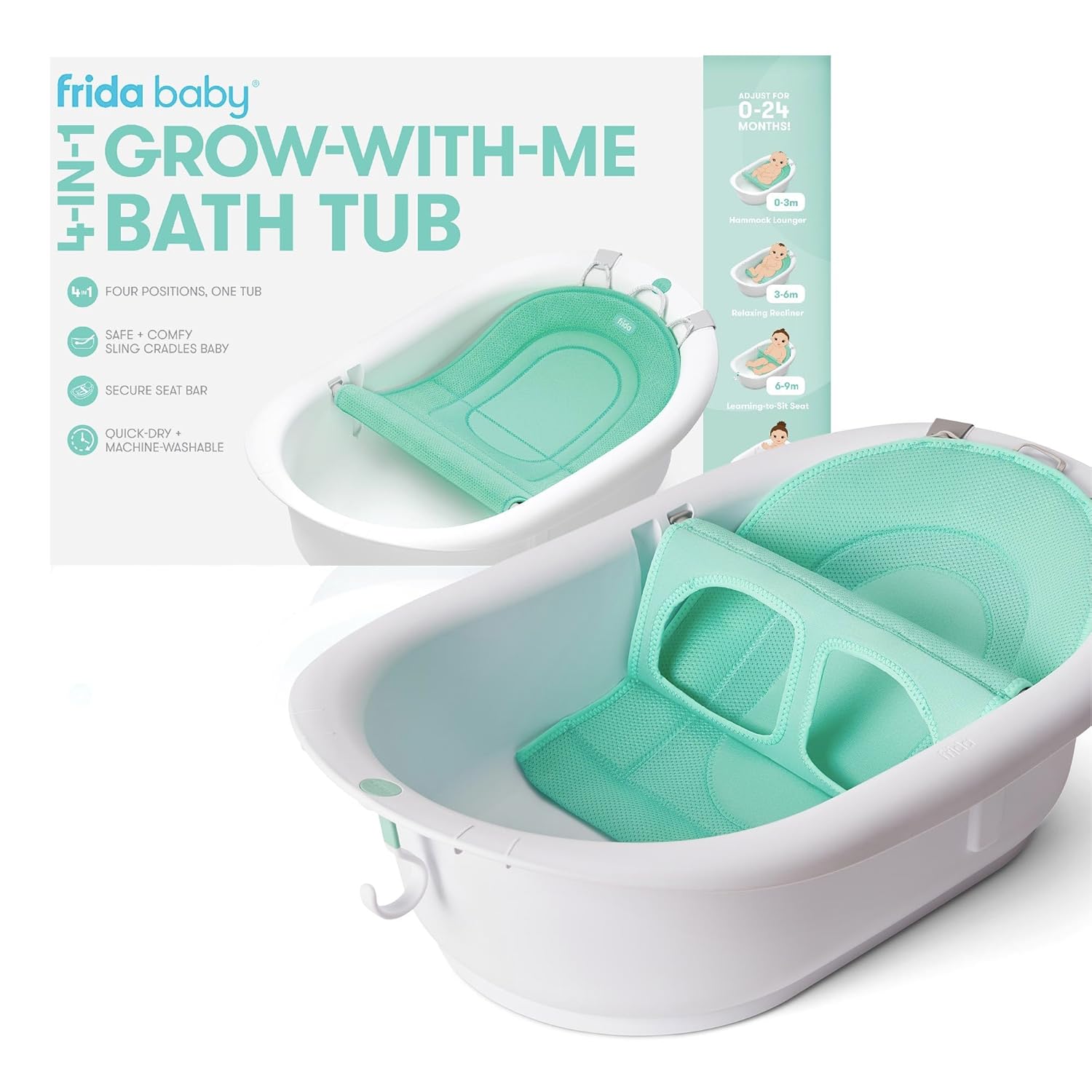 Frida Baby 4-in-1 Grow-with-Me Baby Bathtub, Baby Tub for Newborns to Toddler with Removable Bath Seat & Backrest for Bath Support in Tub