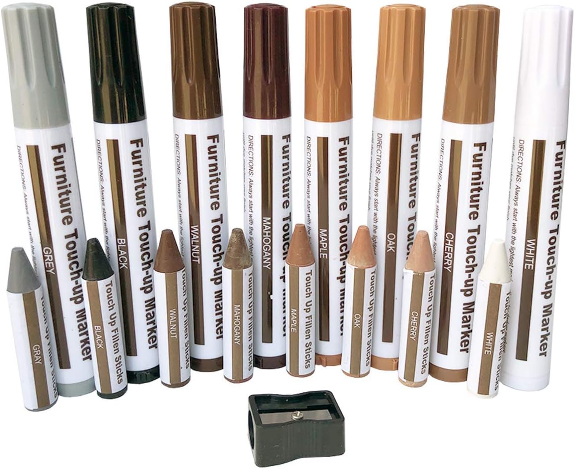 Furniture Repair Wood Repair Markers Touch Up Repair pen-17PC-Markers and Wax Sticks,for Stains,Scratches,Wood Floors,Tables,Carpenters,Bedposts-8 Felt Tip Wood Markers Kit