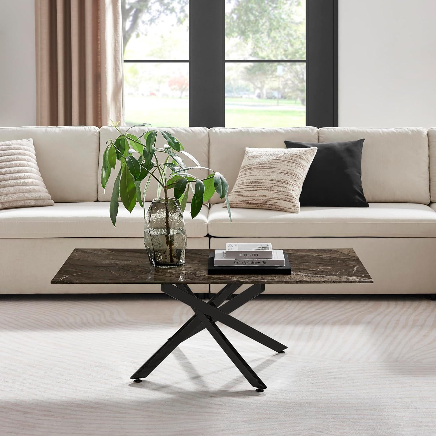 Furniturebox UK Leonardo Glass Dark Marble Effect Coffee Table - Semi Matte Black Metal Legs In Stylish Nested Starburst Design - Modern Living Room Furniture for Contemporary...