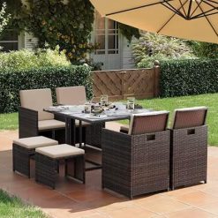 Garden Furniture Set Dining Table and Chairs, Set of 9 PE Rattan Outdoor Patio Furniture