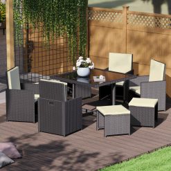 Garden Vida Cuba Rattan Furniture Set Outdoor Garden Patio Dining Table Set With Cushions Weather Resistant (Black, 8 Seater)