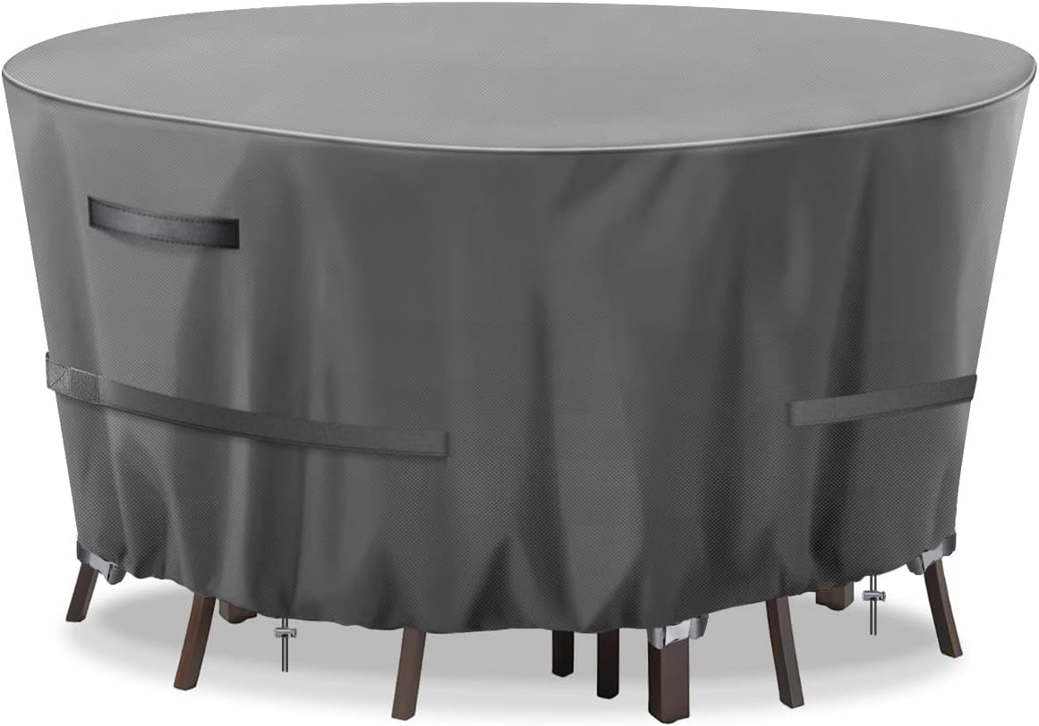 GARPROVM Outdoor Table Covers Waterproof, Round Garden Table Cover 600D Oxford Fabric Round Patio Table Cover with Handle Buckle Drawstring Garden Table Cover Round Windproof...