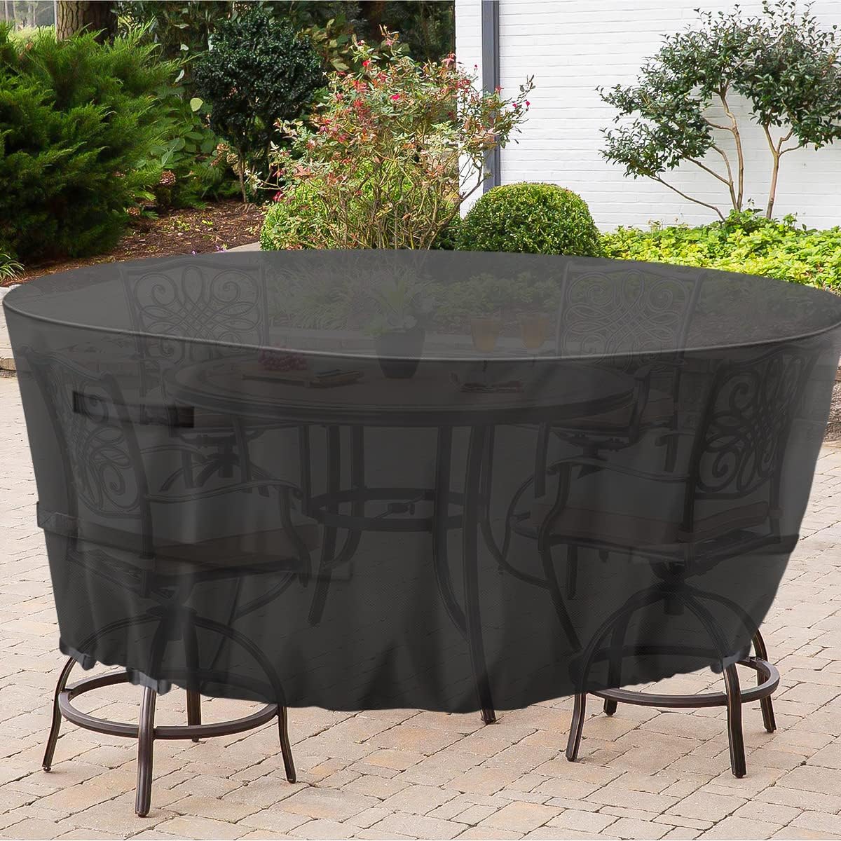 GARPROVM Outdoor Table Covers Waterproof, Round Garden Table Cover 600D Oxford Fabric Round Patio Table Cover with Handle Buckle Drawstring Garden Table Cover Round Windproof...