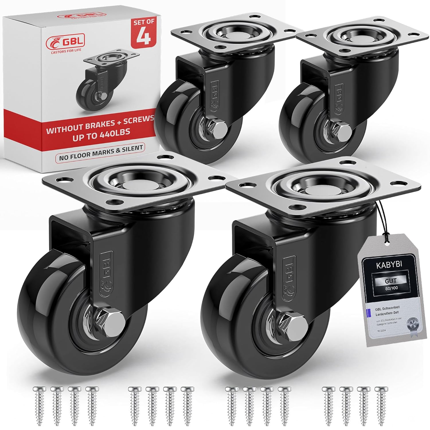 GBL Heavy Duty Castor Wheels + Screws - 50mm up to 200KG - Pack of 4 No Floor Marks Silent Caster for Furniture - Rubbered Trolley Wheels - Black Castors