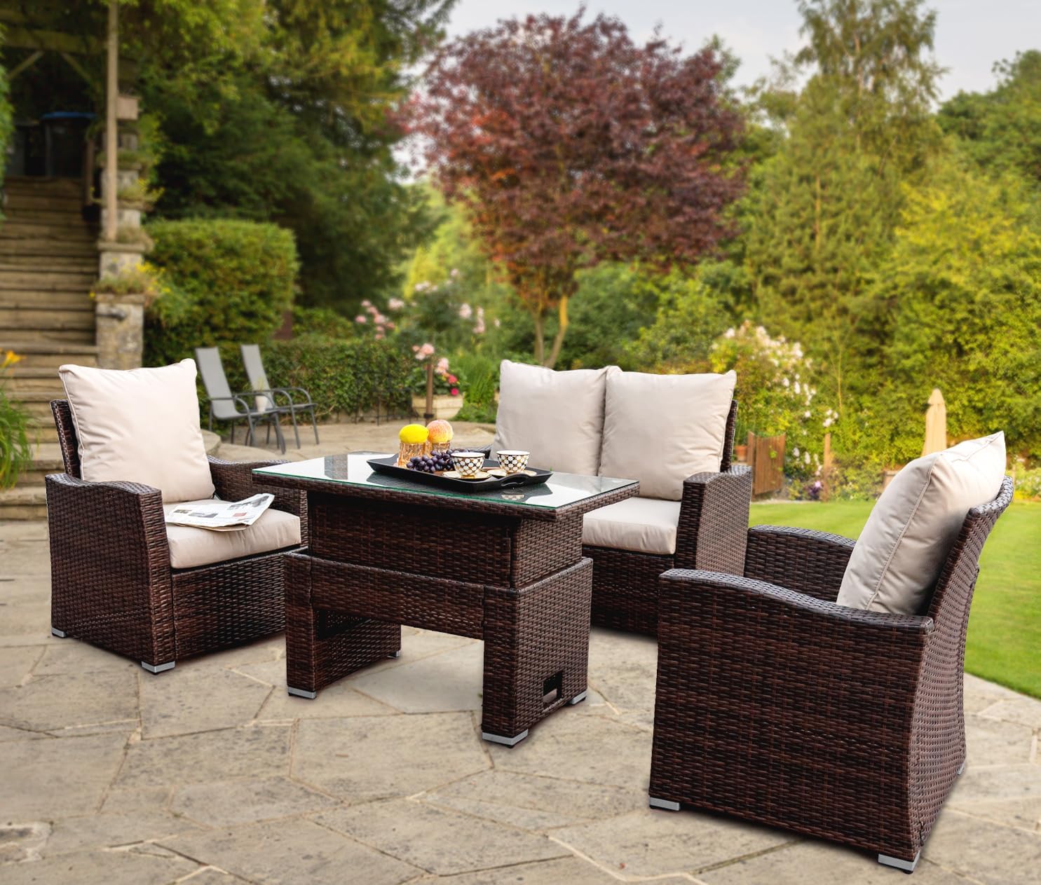 GOODS EMPORIUM 4 Seater Rattan Garden Furniture Set with Height Adjustable Rising Table - Outdoor Patio furniture - Conservatory Sofa sets - RAIN COVER INCLUDED (Dark Brown)