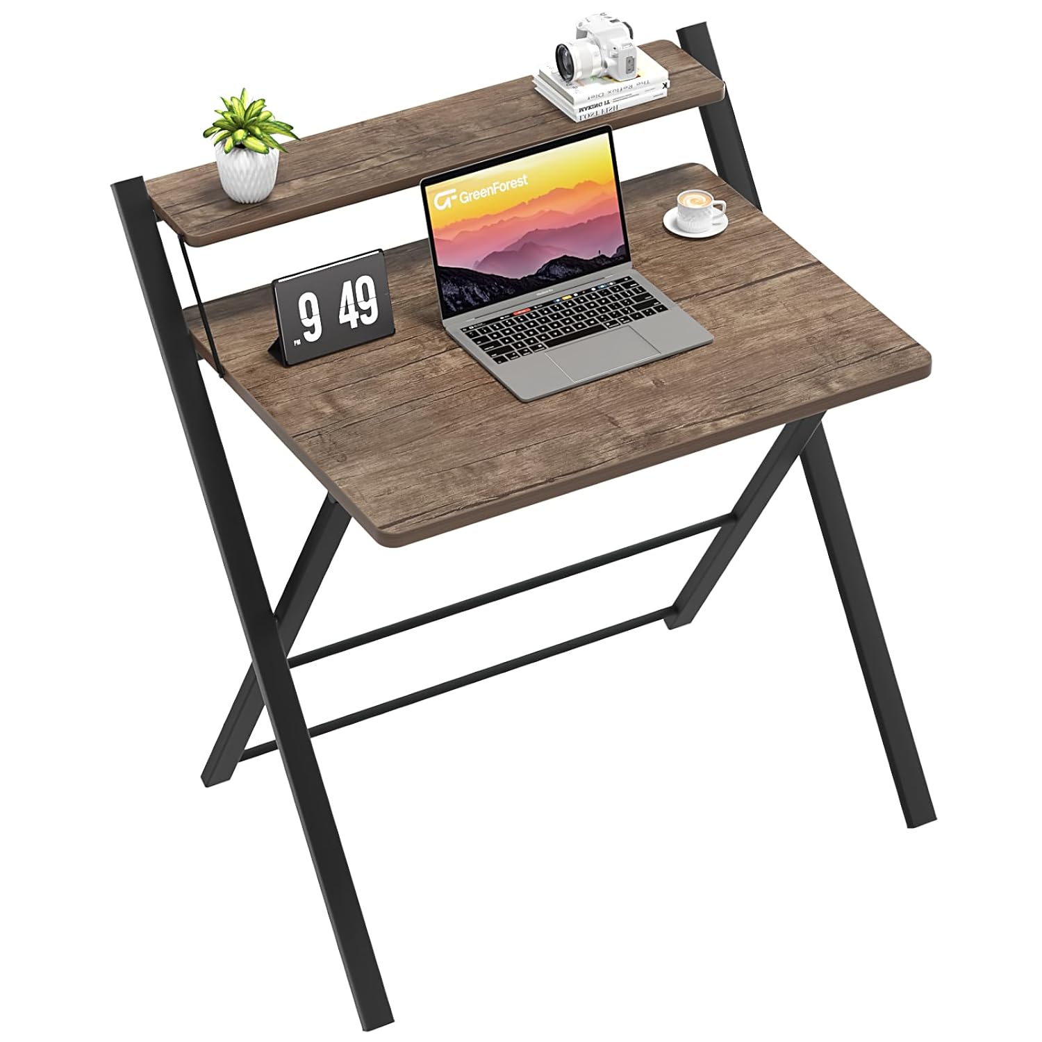 GreenForest Foldable Desk with Monitor Shelf,Small Size Computer Desk No-Assembly,Small Desk for Small Space,Brown