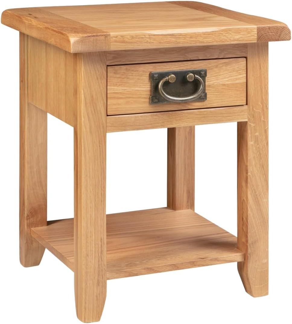 Hallowood Furniture Monchique Small Solid Oak Side Table with Drawer and Shelf, Wooden Lamp or Bedside Table with Lower Storage Unit, Bedroom and Living Room Furniture