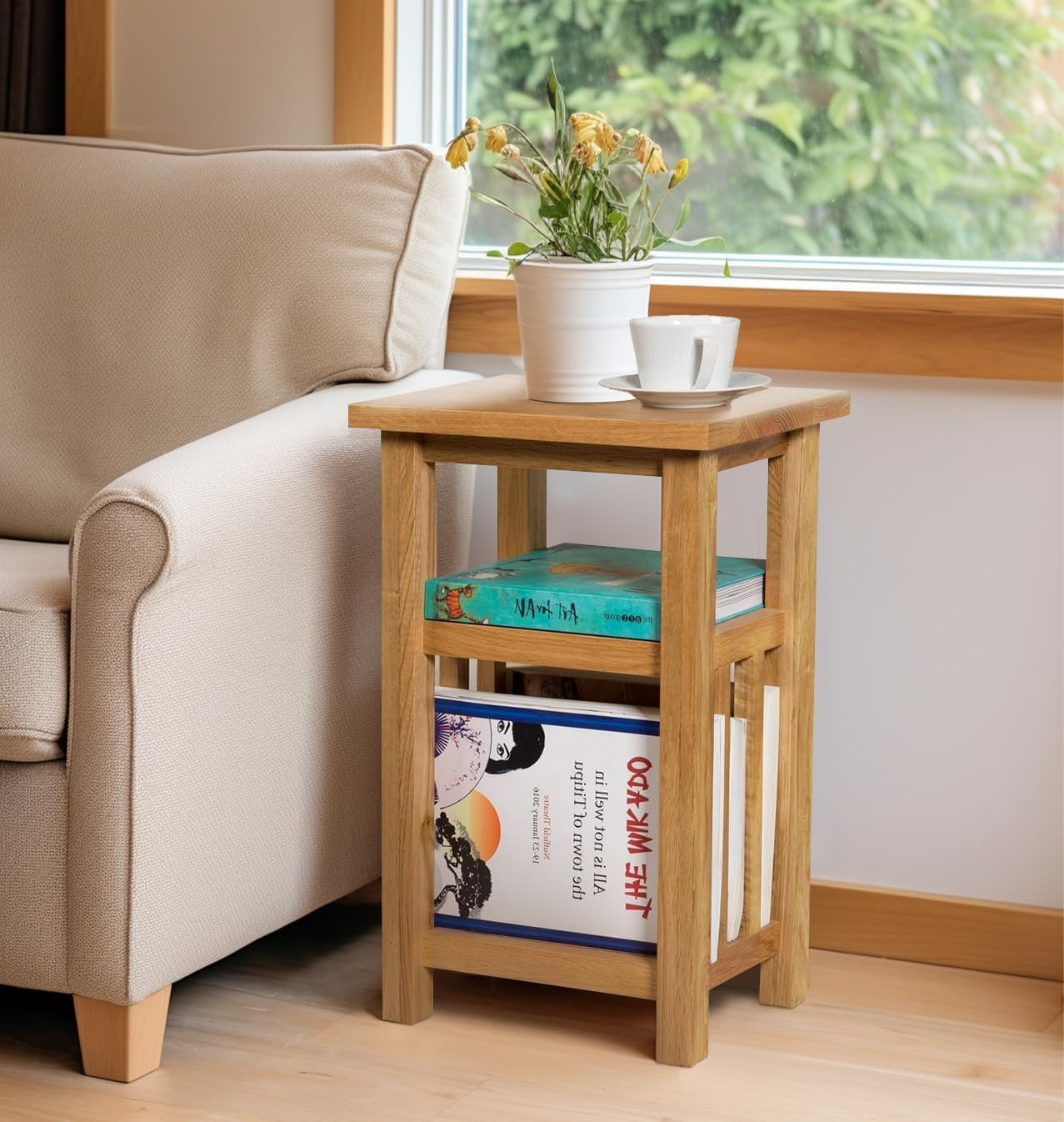 Hallowood Furniture Waverly Oak Side Table, Light Oak Magazine Table with Storage, Solid Wooden Coffee Table with 2 Shelf, Small Side Table, Oak Coffee Table Living Room