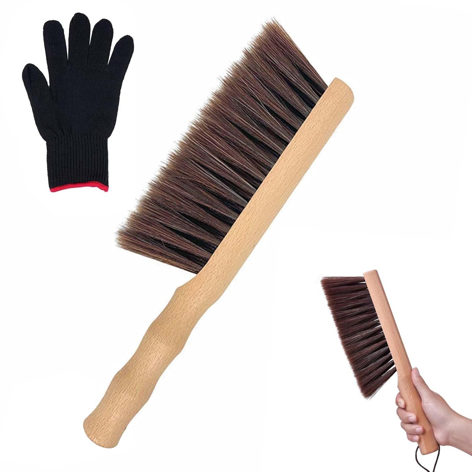 Hand Brush - Natural Solid Wooden Round Handle Brush with 5 Rows of Soft Bristles, Hand Broom for Cleaning Dusting Furniture, Brick, Floor, Garden, Stair, Bed, Sofa, and More