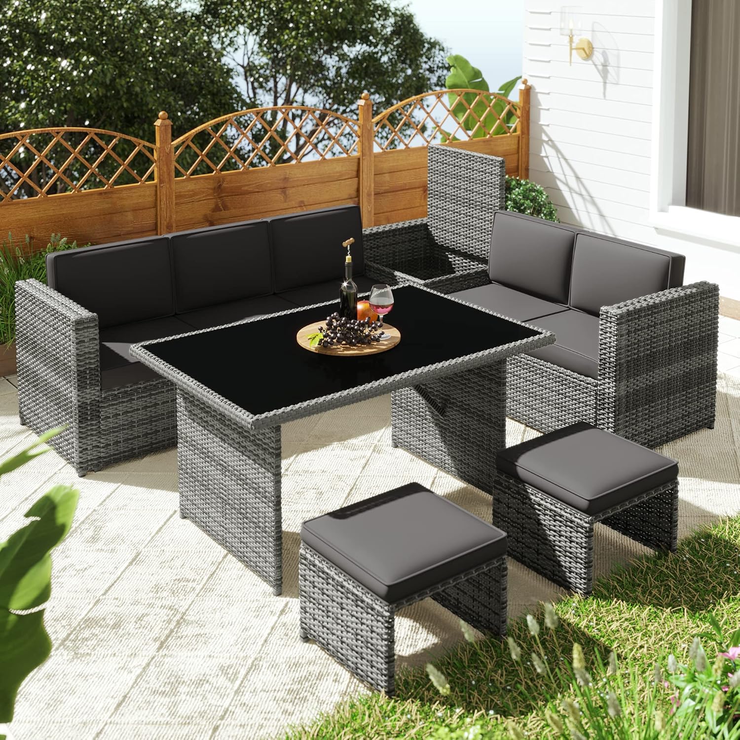 HESHU Rattan Corner Sofa Set 7-seater with Corner Storage Box, Garden Rattan Dining Sofa Garden Furniture Set Dining Table and 2 Stool Seat and Back Cushionsã€2022 UK NEW】