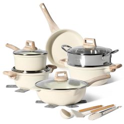 JUST PERFECTO Induction Pan Set with Lid - Pan 24 cm, Frying Pan 28 cm - Cooking Pot Set 28 cm Non-Stick Pan without PTFE and Pfoa (15-Piece Set Beige)