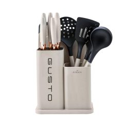 Karaca Gusto Kitchen Utensil Set Stainless Steel with Chopping Board and Holder - Kitchen Appliances for Cooking - 12 Pieces Cookware Tools - Cream & Black Kitchen Sets