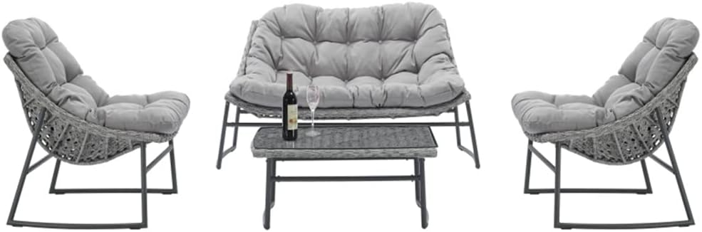 KCUZO Rattan Sofa Set Outdoor Indoor Garden Patio Furniture 4 Pieces Set 1 Sofa + 2 Single Sofas + 1 Table