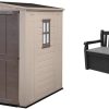 Keter 17197898 Factor Outdoor Garden Storage Shed, Beige, 6 x 6 ft & Eden Bench 265L Outdoor 60% recycled Garden Furniture Storage Box Graphite & Light Grey