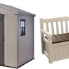 Keter Factor 8 x 6 ft Outdoor Storage Shed, Beige/Brown & Eden Bench 265L Outdoor 60% recycled Garden Furniture Storage Box Beige