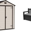 Keter Manor Outdoor Apex Double Door Garden Storage Shed 6 x 5ft Beige Brown Wood effect & Eden Bench 265L Outdoor 60% recycled Garden Furniture Storage Box Graphite & Light Grey
