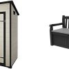 Keter Manor Outdoor Pent Single Door Garden Storage Shed 6 x 4ft & Eden Bench 265L Outdoor 60% recycled Garden Furniture Storage Box Graphite & Light Grey