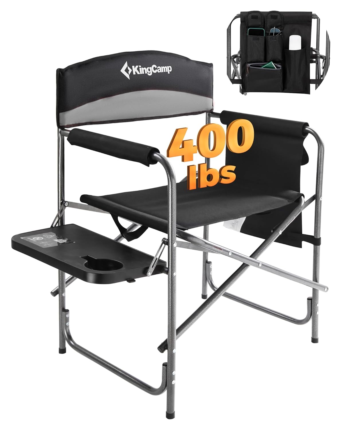 KingCamp Directors Chairs Folding Oversize Camping Chairs for Adults 20.86 in Wide Seat for Heavy People with Table Supports up to 396 LBS(Grey)
