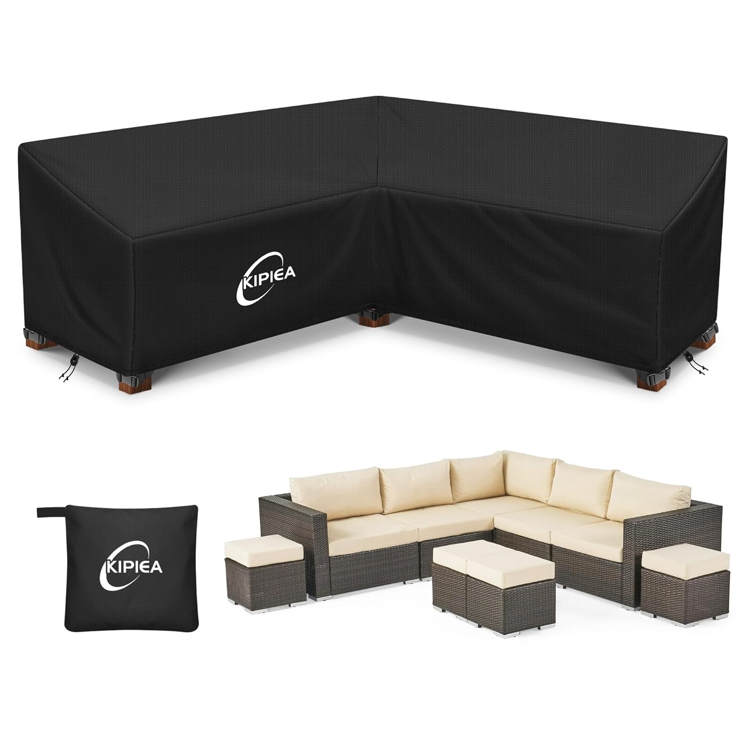 Kipiea V Shaped Garden Furniture Covers Waterproof, 420D Heavy Duty Oxford Fabric Outdoor Rattan Corner Sofa Covers with Windproof, Garden Sofa Cover, Anti-UV, Ripstop...