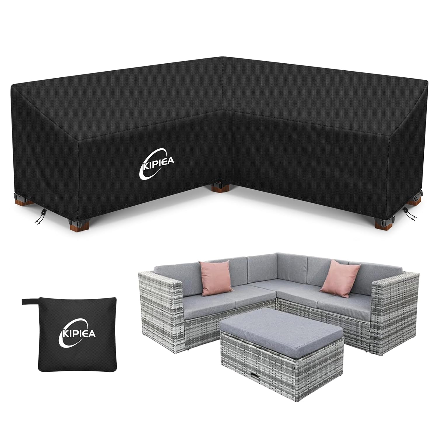 Kipiea V Shaped Garden Furniture Covers Waterproof, 420D Heavy Duty Oxford Fabric Outdoor Rattan Corner Sofa Covers with Windproof, Garden Sofa Cover, Anti-UV, Ripstop...