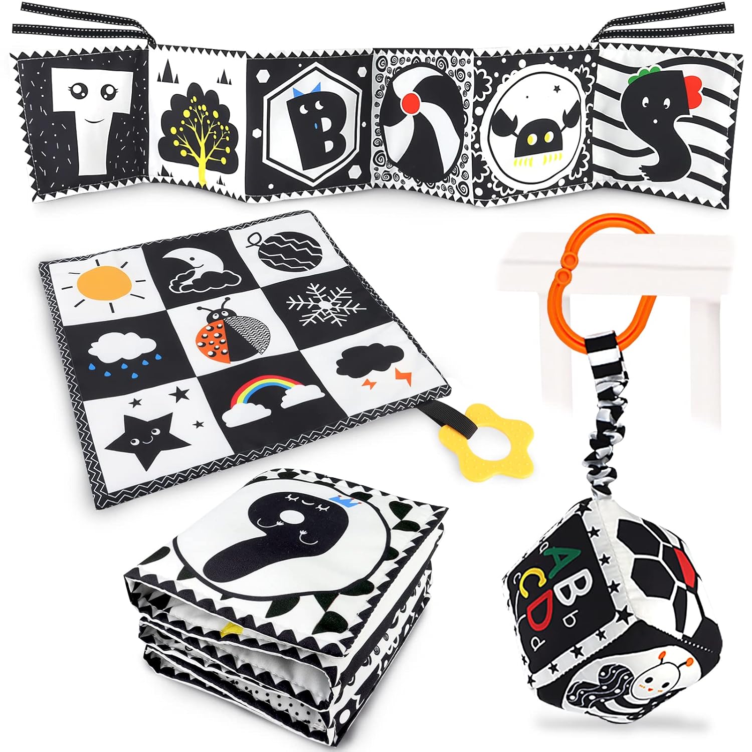 KUANGO 3 Pcs Black and White High Contrast Baby Toys 0-3 Months for Newborn, Montessori Toys for Babies Sensory Soft Book for Early Education, Infant Tummy Time Toys 0 6 9...