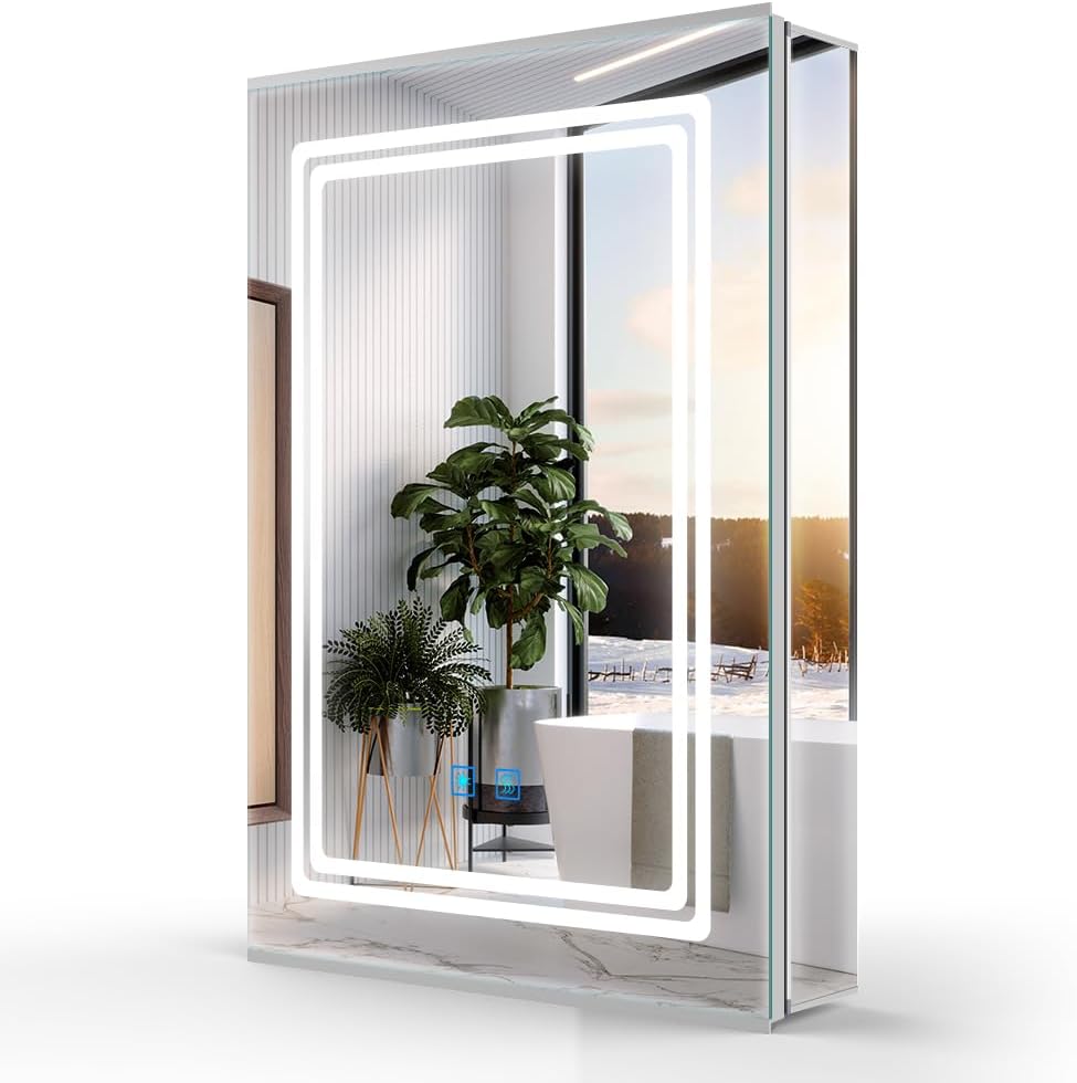 LUMIRRORS® LED Bathroom Mirror Cabinets with Shaver Socket 50x70cm Silver Illuminated Bathroom Cabinets with Mirror Wall mounted with Internal LED Lighting Demister Touch Switch...