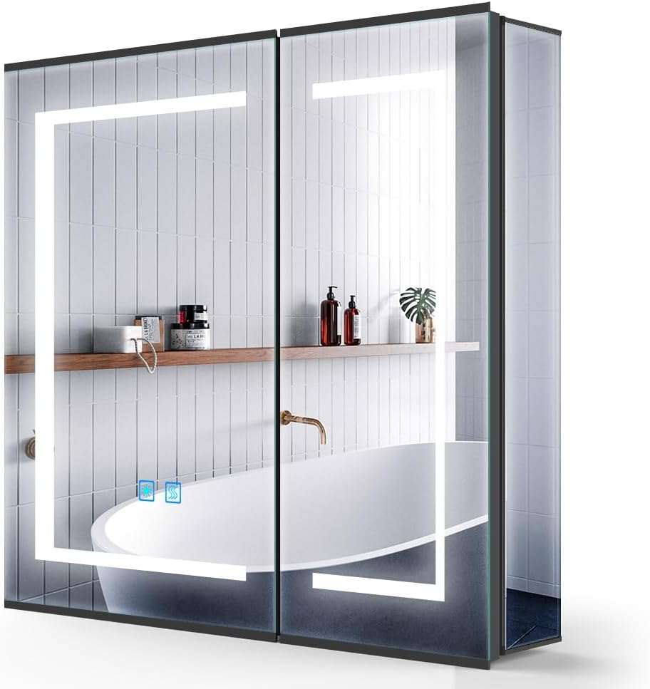 LUMIRRORS® LED Bathroom Mirror Cabinets with Shaver Socket BLACK illuminated Mirror Cabinet with Lights Wall Mounted 2 Doors Anti-fog Dimmer Sliding Shelf Storage 650 x 600 mm