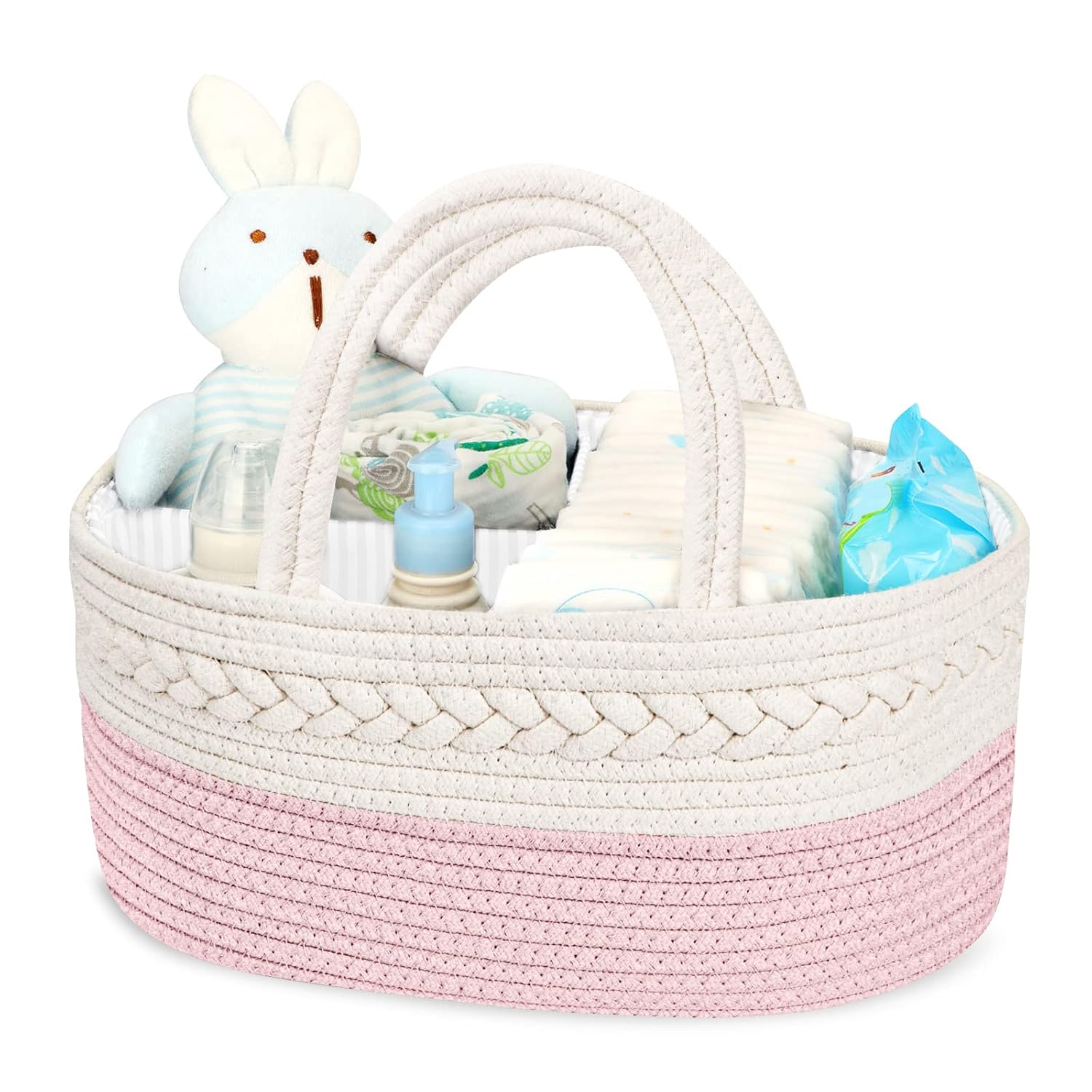 Maliton Nappy Caddy,Cotton Rope Newborn Essentials,Sturdy Portable Nursery Baby Caddy Storage Basket with Removable Compartments,Nappy Organiser as Baby Shower Gifts for...