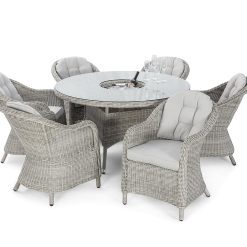 Maze Rattan NEW** Oxford 6 Seat Round Ice Bucket Dining Set with Heritage Chairs & Lazy Susan in a Rounded Natural Grey Toned Weave by Rattan Fairy