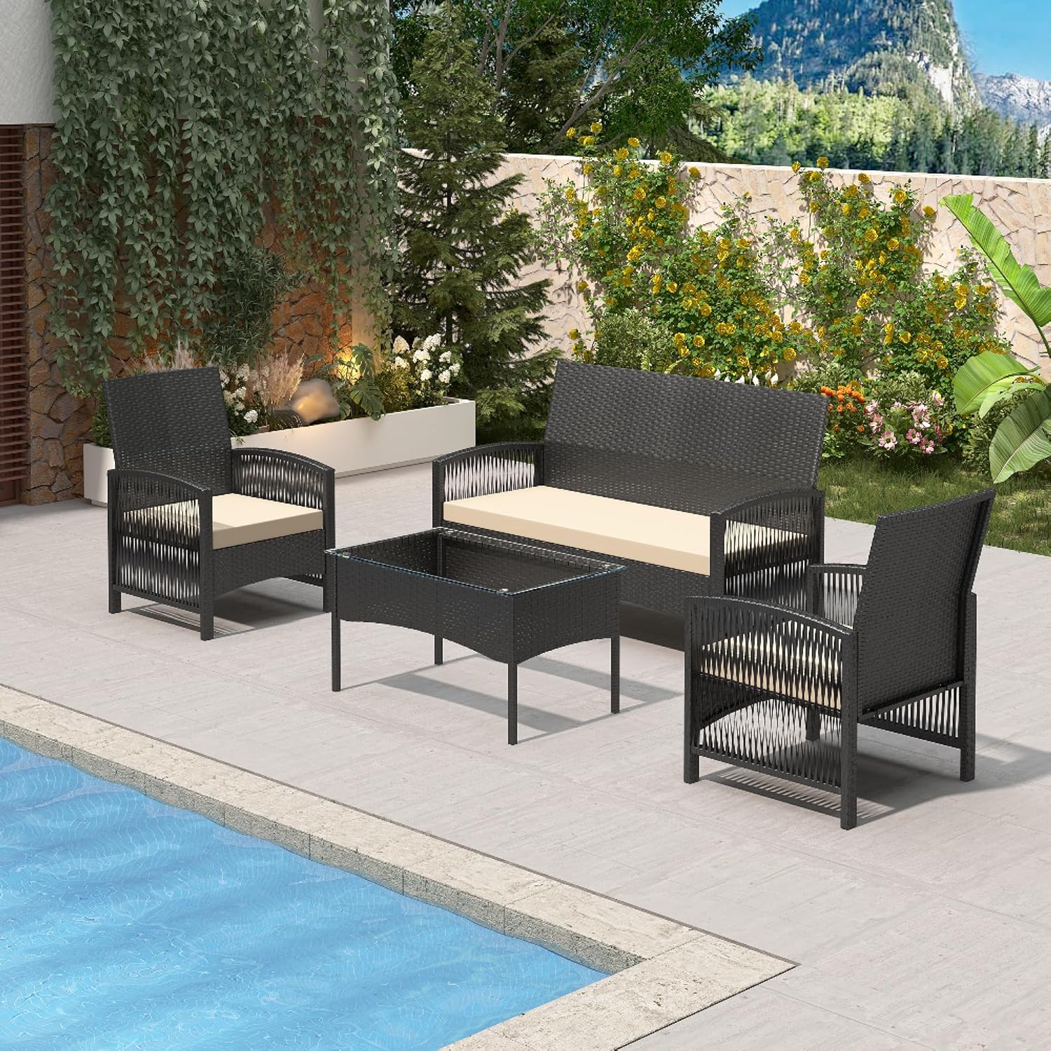 mcc direct 4Pcs Rattan Garden Furniture Set, Patio Rattan furniture sofa with 2 Armchairs, 1 Loveseat Sofa and 1 coffee table - Sofia