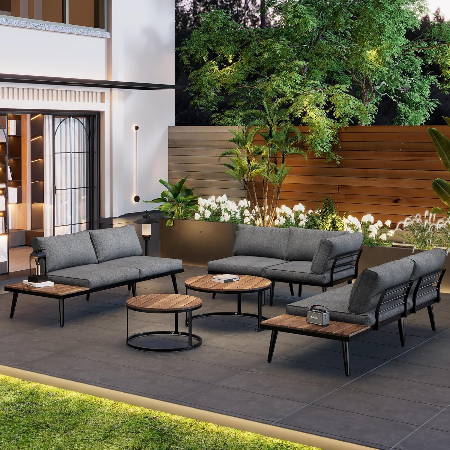 Merax Garden Furniture Set, Galvanized Iron Frame, Garden Table and Chairs for 5-6 Persons, 6 Piece Dining Table Set Indoor and Outdoor, Modern Sofa Set for Garden, Patio,...