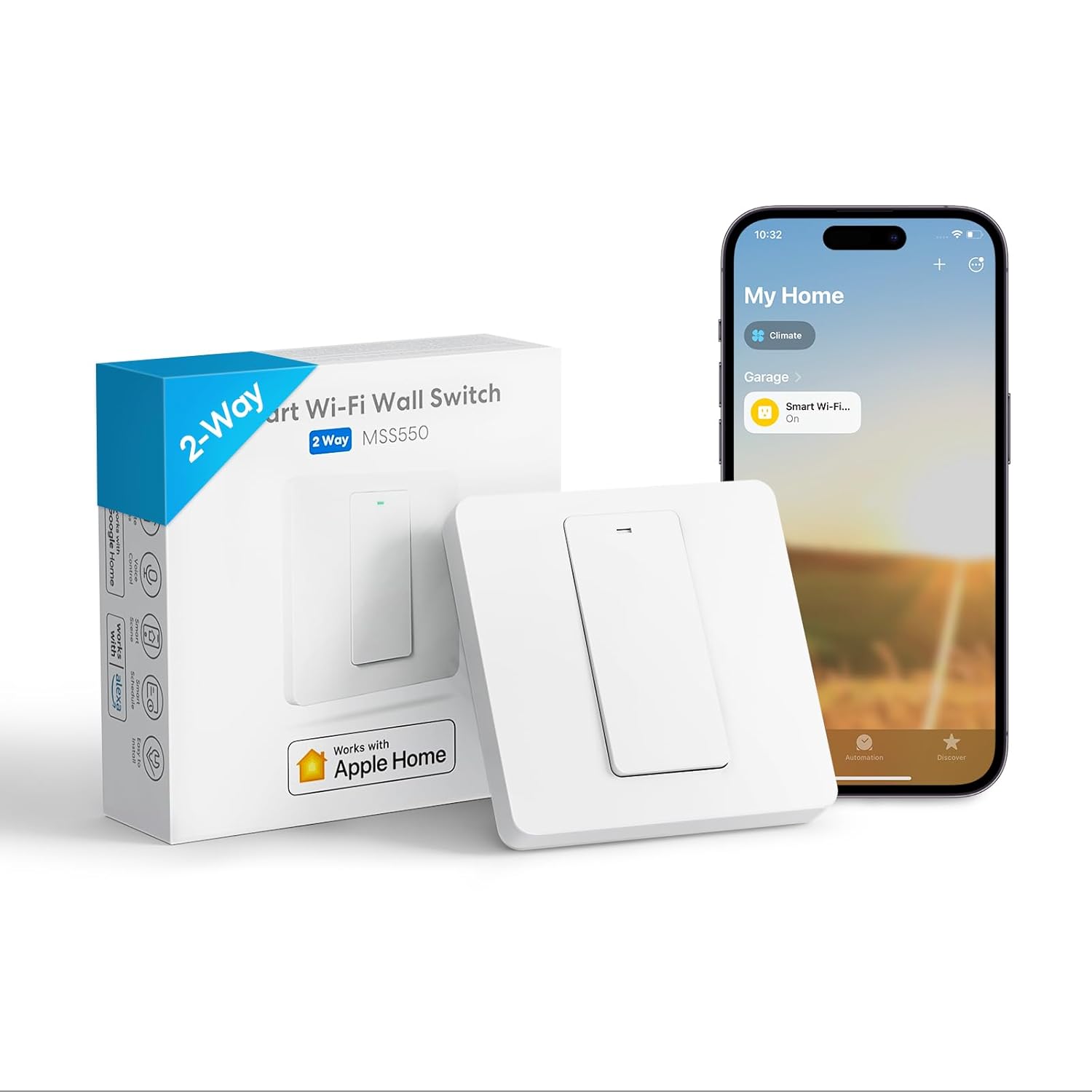 Meross Light Switch, 2 Way, Neutral Requires, Touch/Remote/Voice Control, LED Wall Switch with Timer, White, Compatible with Apple HomeKit, Alexa, Google, 1.6A, 3.4 * 3.4 * 1.3 in.