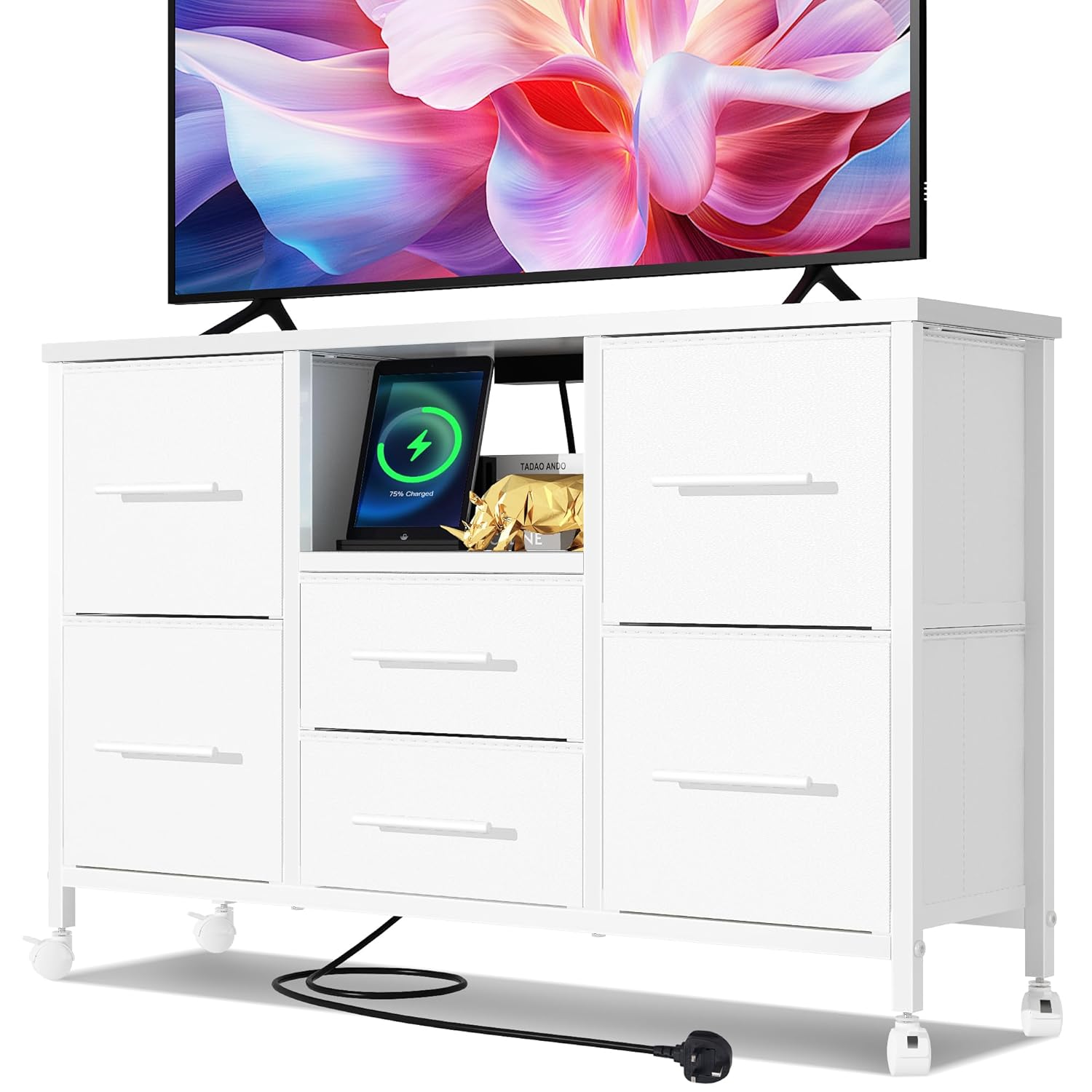 MIKIICOCO Chest of Drawers, Dresser for Bedroom with 6 Drawers, 43.3'' Long TV Stand with Outlet, Clothes Storage Unit with 4 Castors, Fabric Drawers, Metal Frame