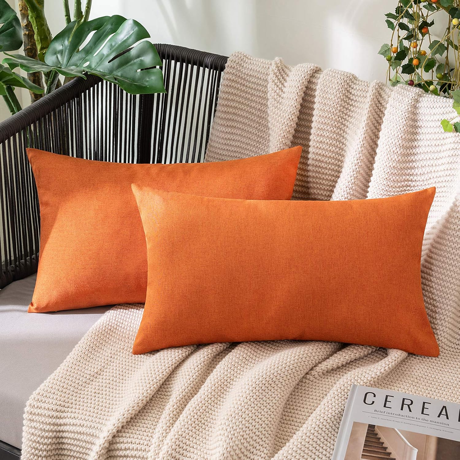 MIULEE Outdoor Waterproof Cushion Covers 16x24 Inches for Garden Furniture Water Resistant Pillow Covers Outside Scatter Cushions for Patio Couch Sofa Linen Balcony Set of 2,...