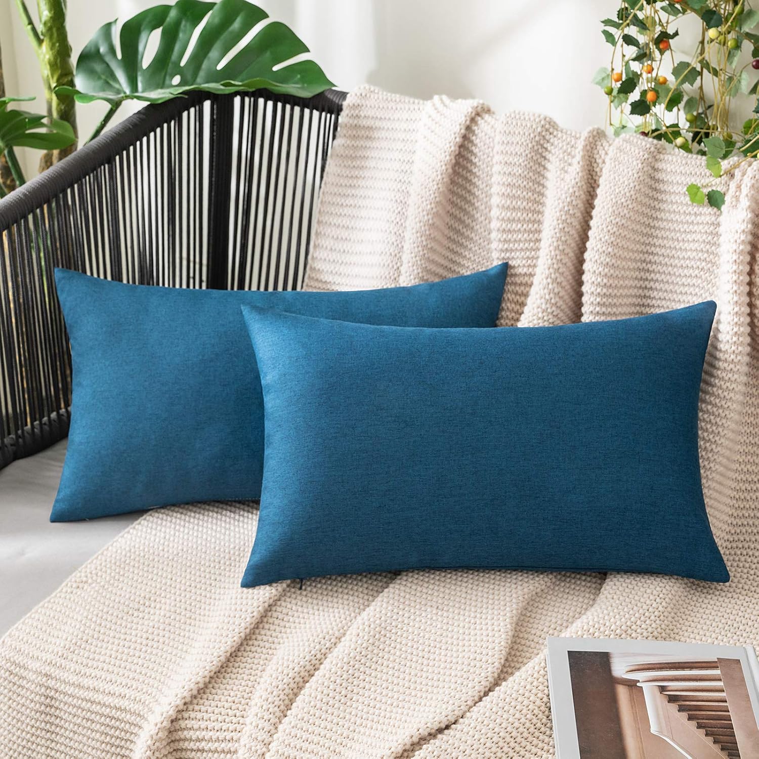MIULEE Outdoor Waterproof Cushion Covers 16x24 Inches for Garden Furniture Water Resistant Pillow Covers Outside Scatter Cushions for Patio Couch Sofa Linen Balcony Set of 2, Navy