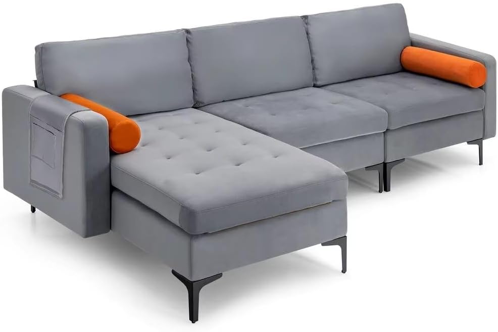 Modern Simple Furniture Sofas Couches, L-shaped Sectional SofaLiving Room Sets, Grey Lint Fabric Sleeper Bed Recliner for Office Lounge Room with Reversible Chaise 2 USB Ports Ash