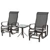 Outsunny 3 Pieces Garden Gliding Chair Set, Metal Frame 2 Single Armchair Swing Seater and 1 Glass Top Coffee Table w/Breath Mesh Fabric Seat, Brown