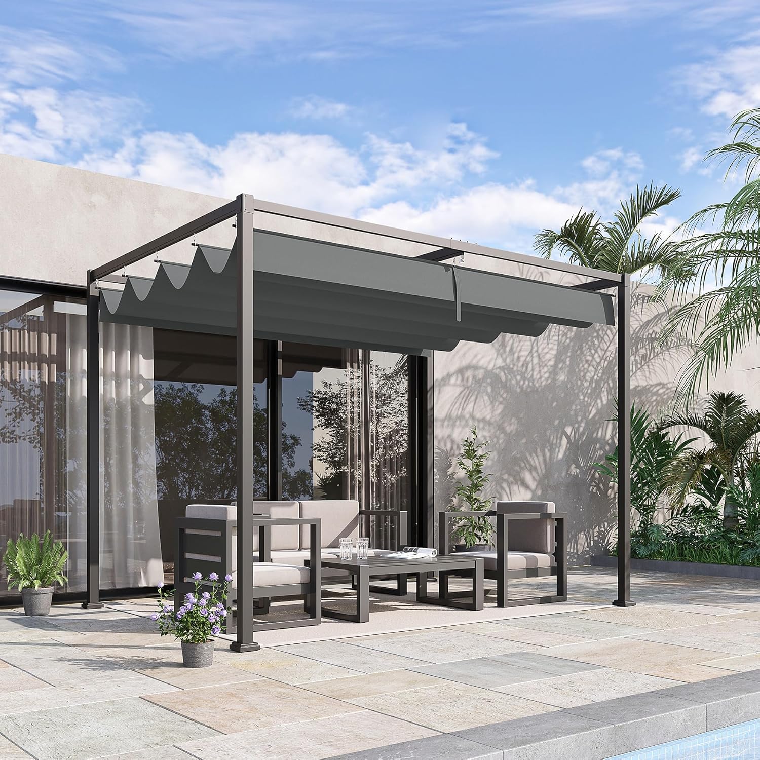 Outsunny 3 x 2m Metal Outdoor Pergola with Retractable Roof, Outdoor ...