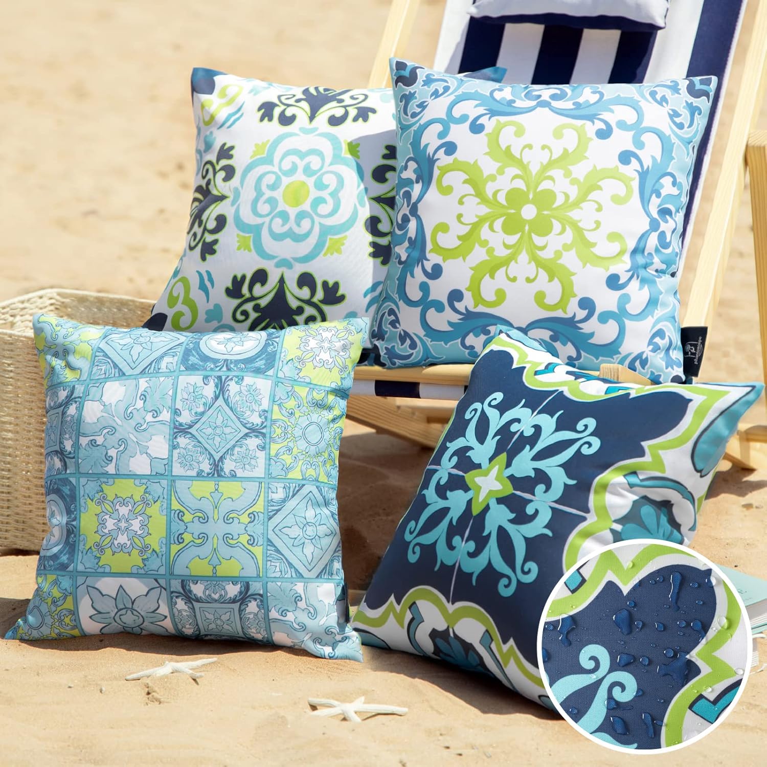 Phantoscope Set of 4 Outdoor Waterproof Throw Pillow Covers,Geometric, Decorative Boho Farmhouse Outdoor Pillows Cushion Case for Home Patio Furnitures Tent Sunbrella, Blue and...