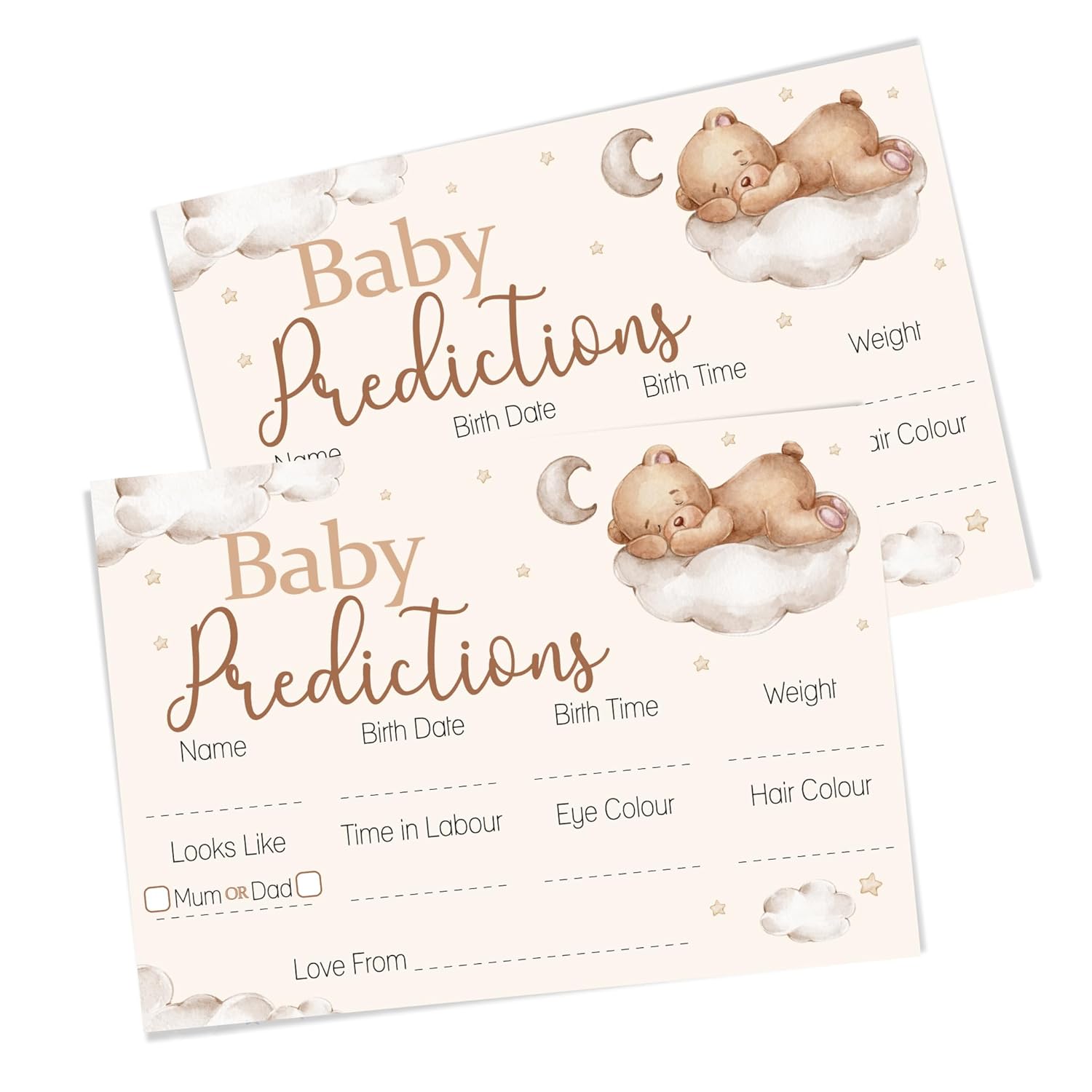 Pink Bee Parties Prediction Cards Baby Shower Keepsake in Teddy Bear Theme - 40 Guest