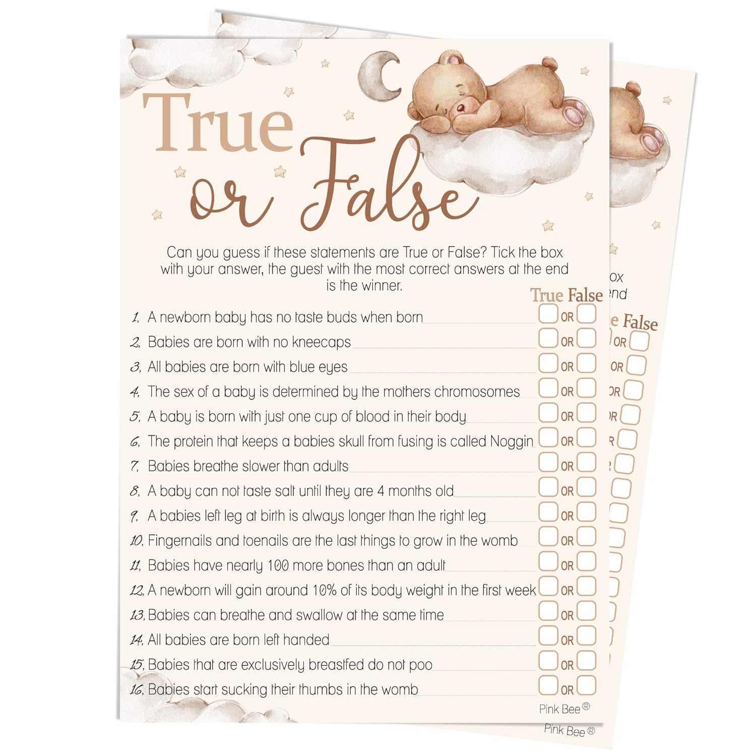 Pink Bee Parties True or False Baby Shower Game in Teddy Bear Theme - 40 Players