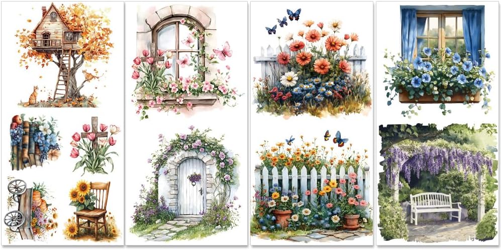 PLIGREAT 4 Sheets Garden Theme Rub on Transfers for Furniture Crafts 30x15cm Watercolor Floral Transfer Sticker Decals Waterproof Rub on Sticker for Wood Dressers Cabinet...