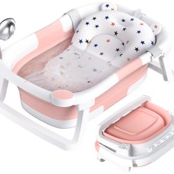 Rabb 1st Baby Bath Tub Foldable,Portable Bath Newborn to Toddler with Non-Slip Mat,Drain Hole,No Thermometer,Pink