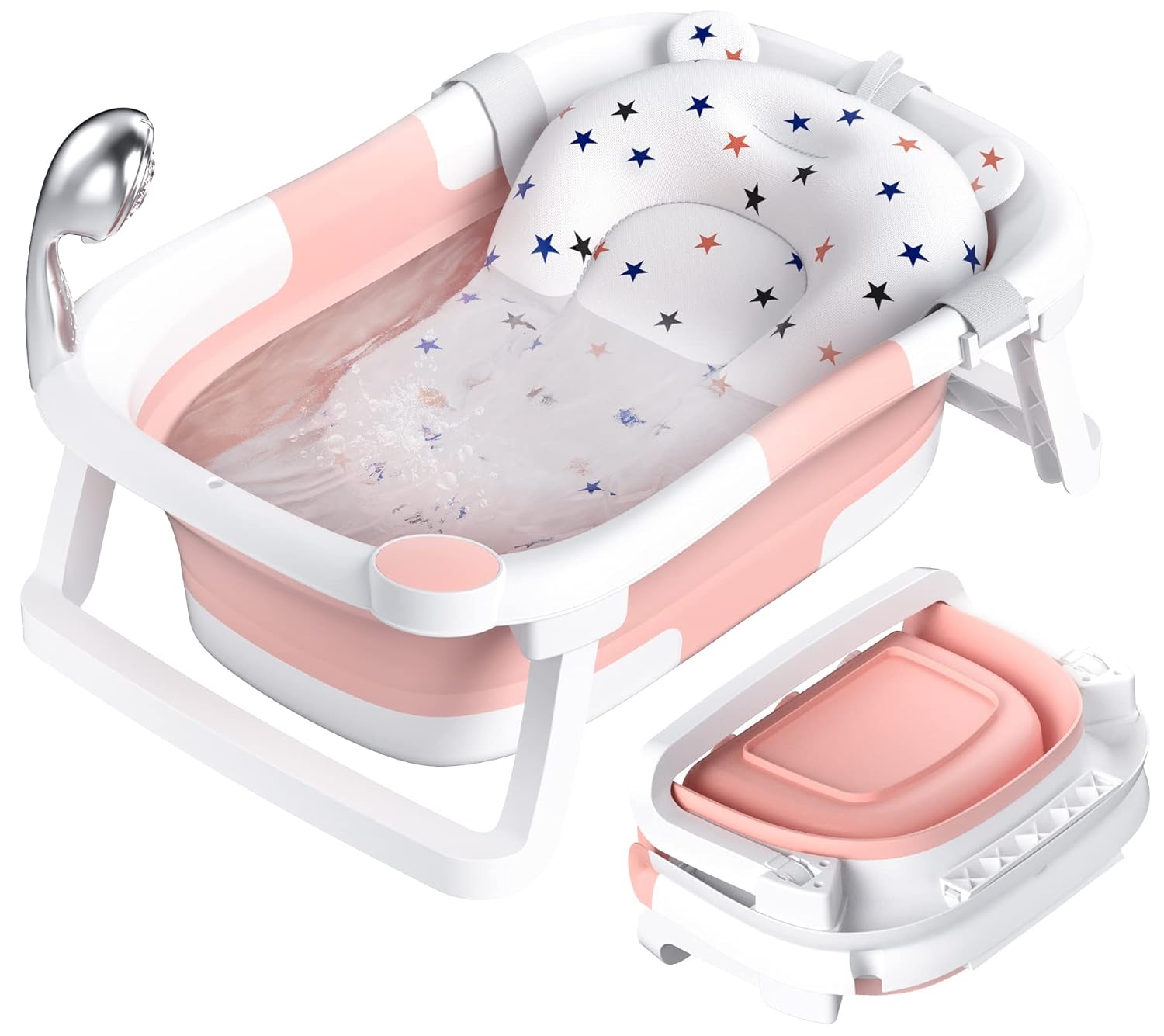 Rabb 1st Baby Bath Tub Foldable,Portable Bath Newborn to Toddler with Non-Slip Mat,Drain Hole,No Thermometer,Pink