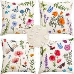 RABUSOFA Outdoor Pillow Covers Waterproof 18x18 Set of 4 Floral Throw Pillow Covers Spring Summer Plant Decorative Farmhouse Cousion Case for Patio Furniture Garden Home Sofa Couch